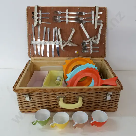 plastic coated cane picnic hamper with part contents H-210 W-650 D-400