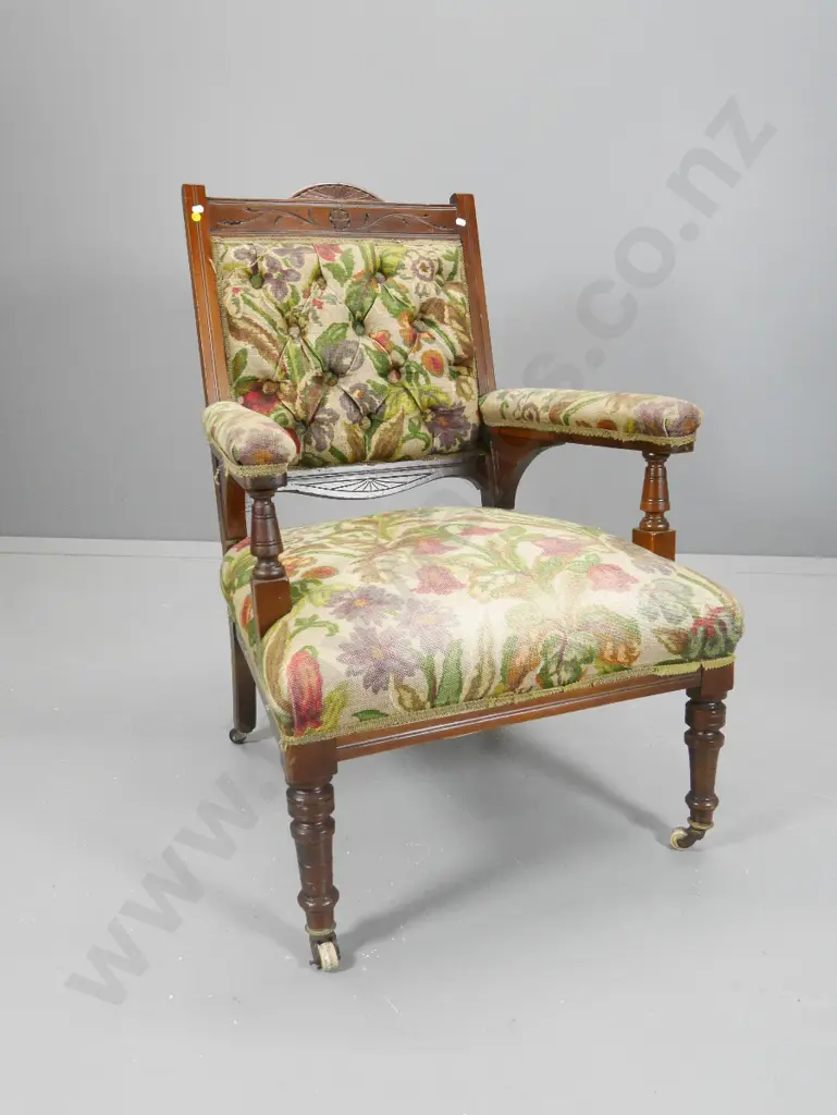 Edwardian mahogany armchair w/ carved frame, original casters, some fading to printed linen, loose trim H940 W660 D610 Image 1++