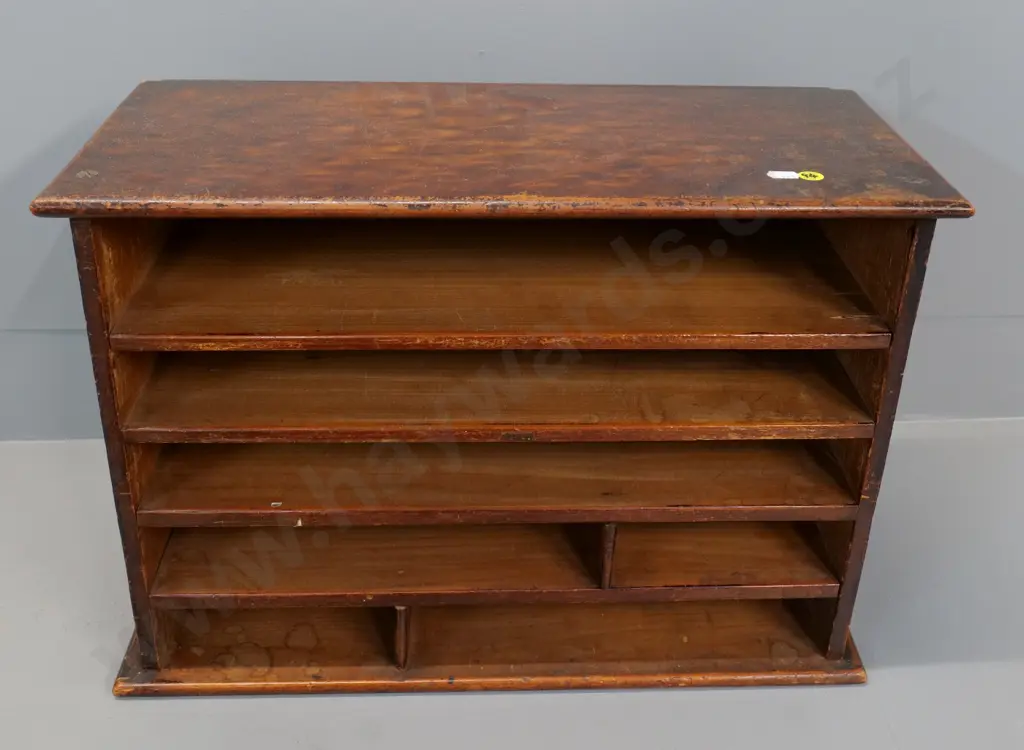 vintage dark-stained wooden desktop stationery organiser - some wear & rough edges H-340 W-480 D-230 Image 1++