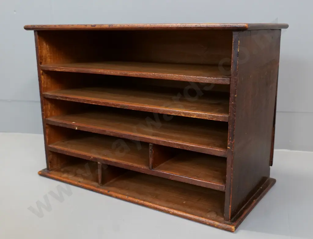 vintage dark-stained wooden desktop stationery organiser - some wear & rough edges H-340 W-480 D-230 Image 1++