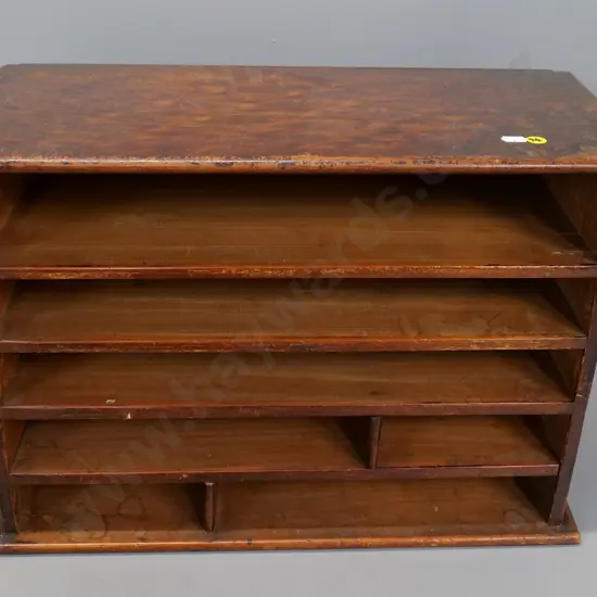 vintage dark-stained wooden desktop stationery organiser - some wear & rough edges H-340 W-480 D-230