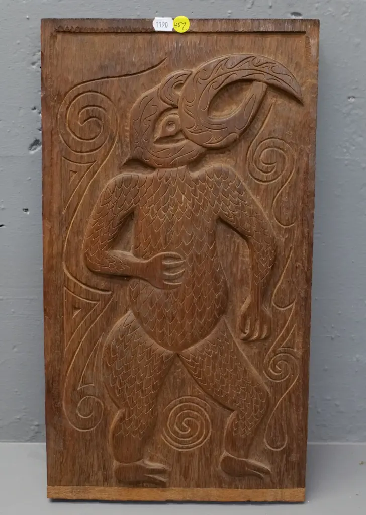 carved timber panel with ethnic stylised figure H-430 W-235 Image 1++