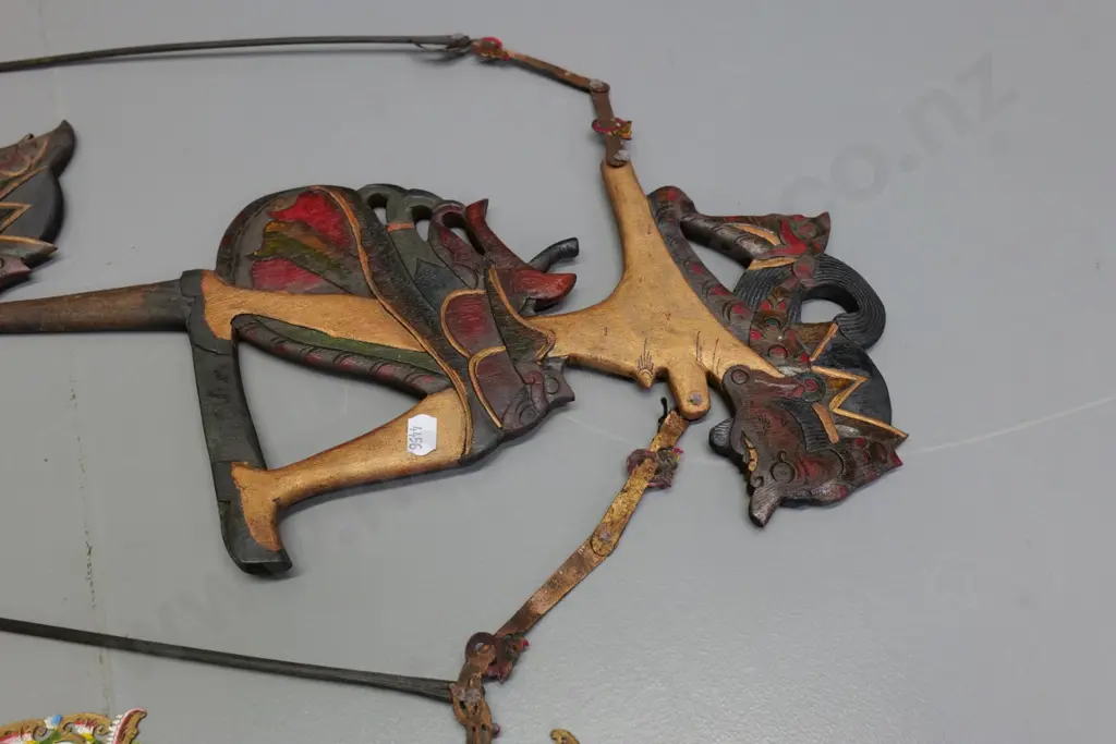 3 Indonesian shadow puppets - one painted leather with horn handles H-730 and two painted wood Image 1++