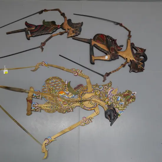 3 Indonesian shadow puppets - one painted leather with horn handles H-730 and two painted wood