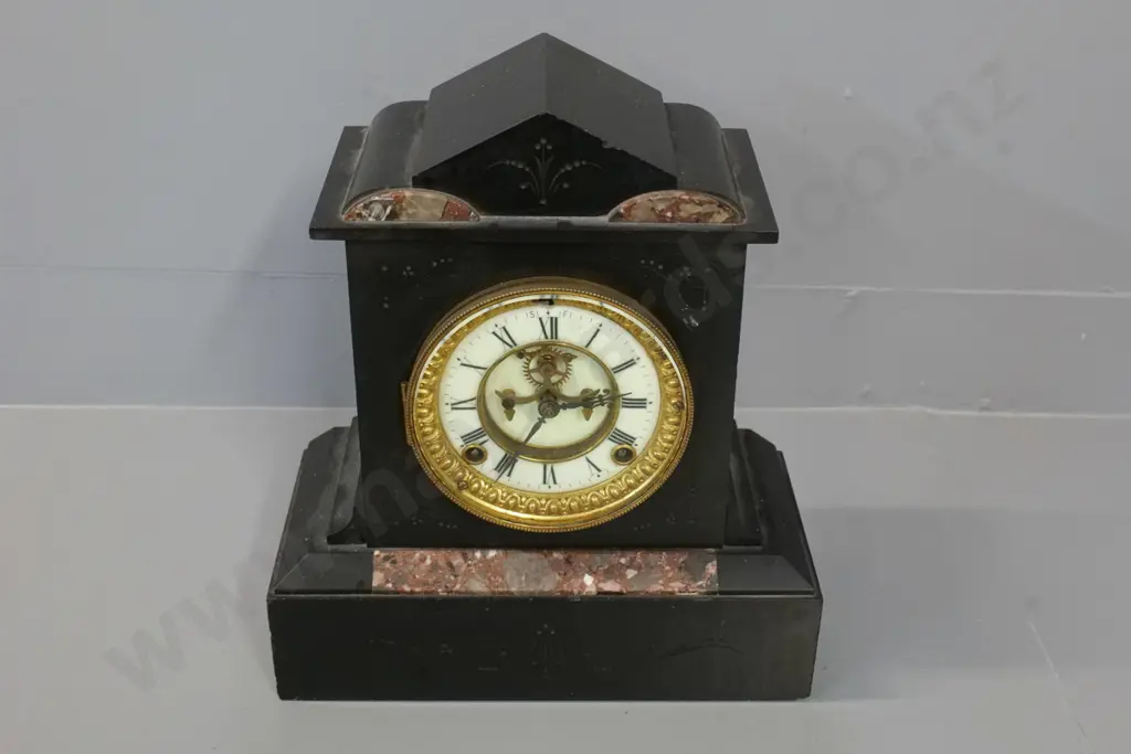 heavy black marble chiming mantel clock with key - Ansonia movement. H-300 W-270 Image 1++