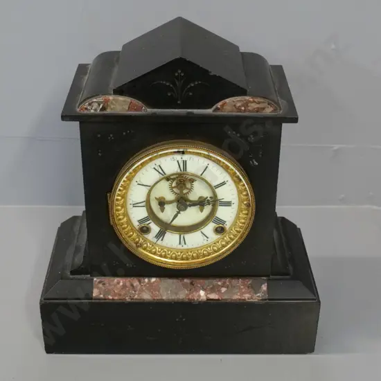 heavy black marble chiming mantel clock with key - Ansonia movement. H-300 W-270