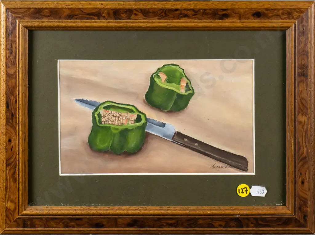 framed watercolour - still life - capsicums and knife H-120 W-210 Image 1++