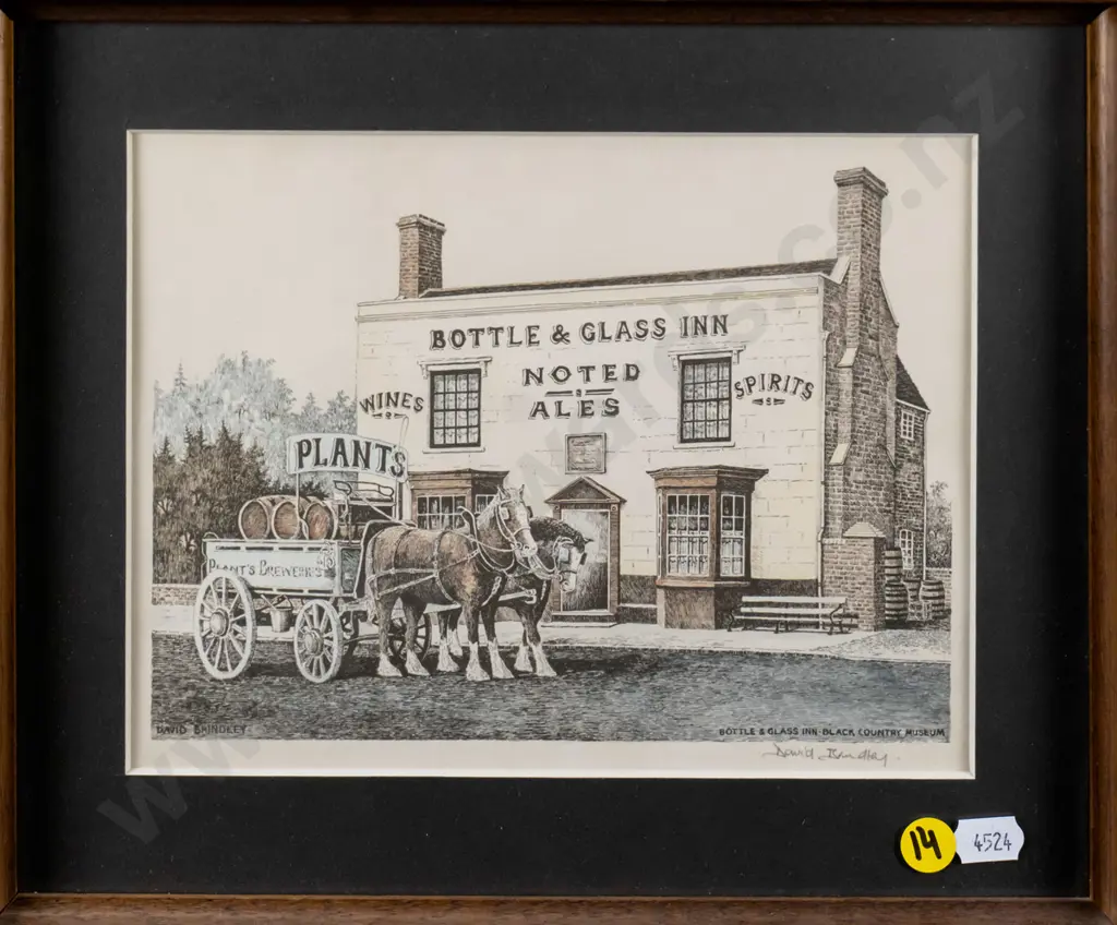 framed and signed print - horses and cart in front of inn H-160 W-190 Image 1++