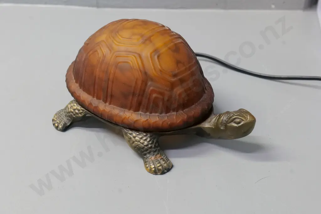 modern turtle table lamp with frosted mottled amber glass shade on cast metal base H-110 L-210 Image 1++