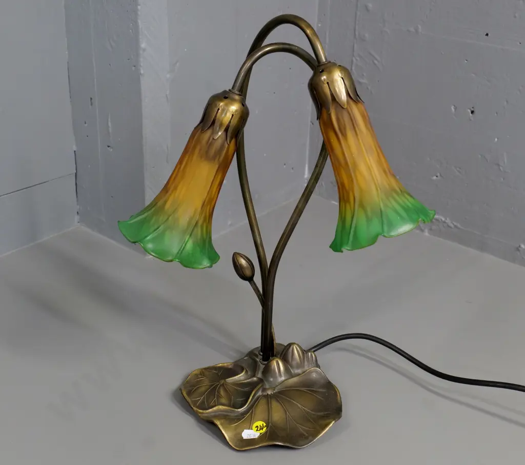 reproduction deco style waterlily table lamp with orange and green shades H-430 Image 1++