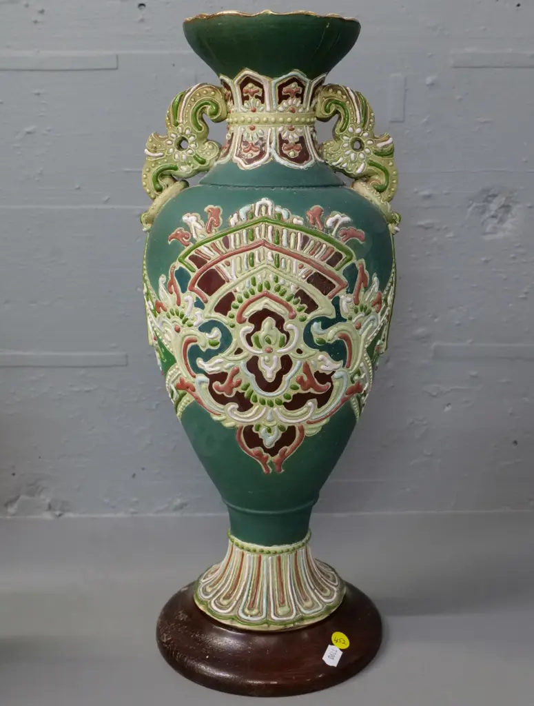 vintage Satsuma style handled vase with wooden base, no maker's marks H-460 W-200 Image 1++