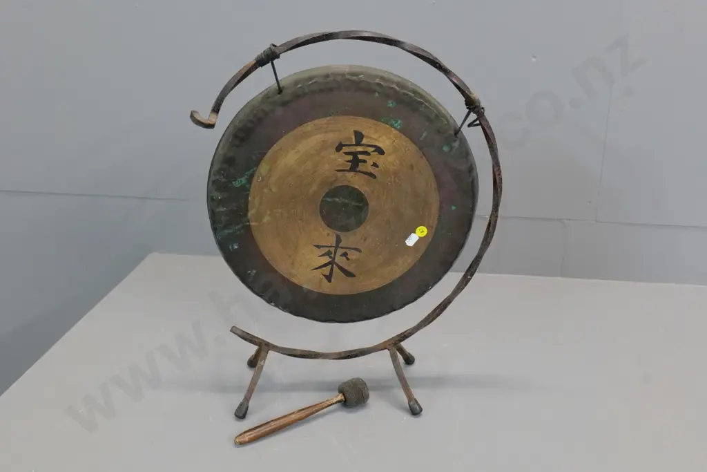 asian brass gong on wrought iron stand with wood-handled striker H-460 W-350 Image 1++