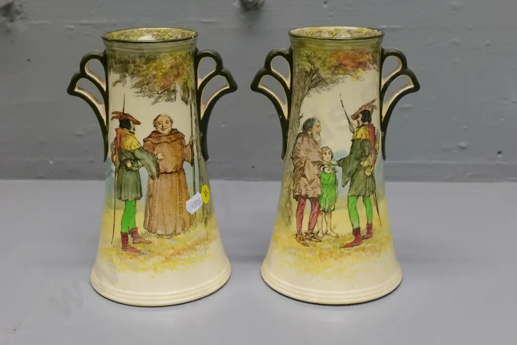 pair of Royal Doulton 'Under the Greenwood Tree' handled vases H-190 - small glaze rub on rim Image 1++