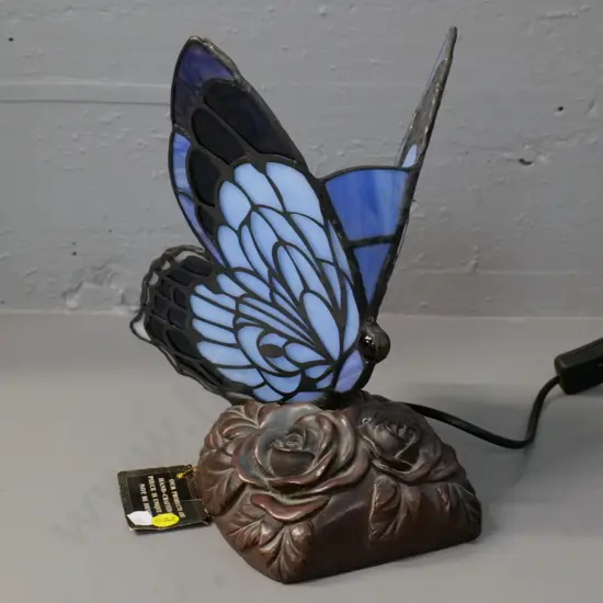 reproduction stained glass butterfly lamp on composite metal-look base H-240 W-170 D-170