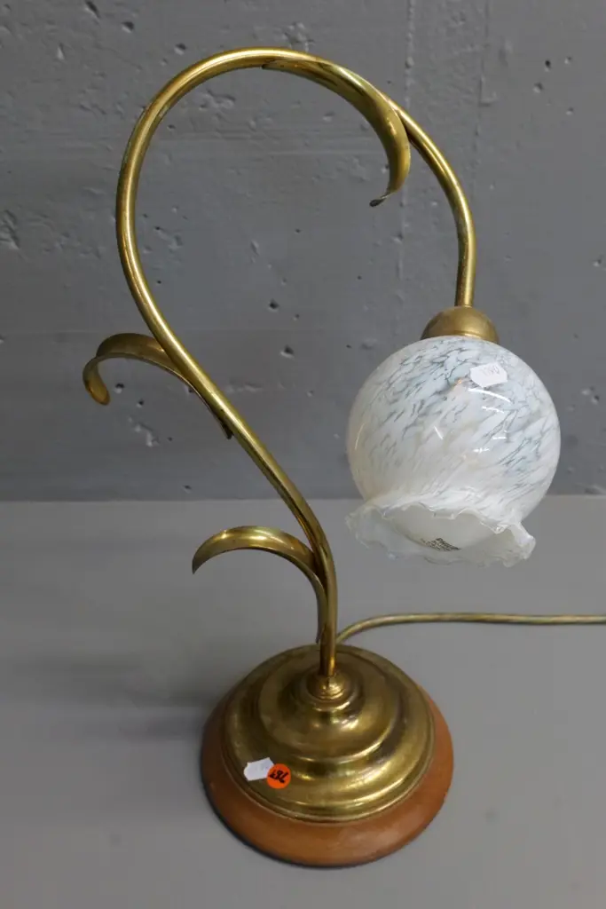 retro small brass and wood-based table lamp with frilled clear & white shade H-420 W-270 Image 1++