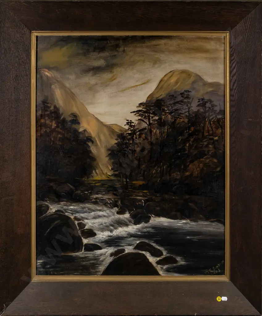 ME Simpson 1903 - framed oil - river and mountain scene H-760 W-600 Image 1++