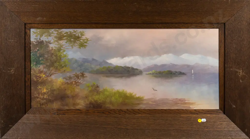 JC Veitch - framed colonial oil on canvas - lake scene H-320 W-750 Image 1++