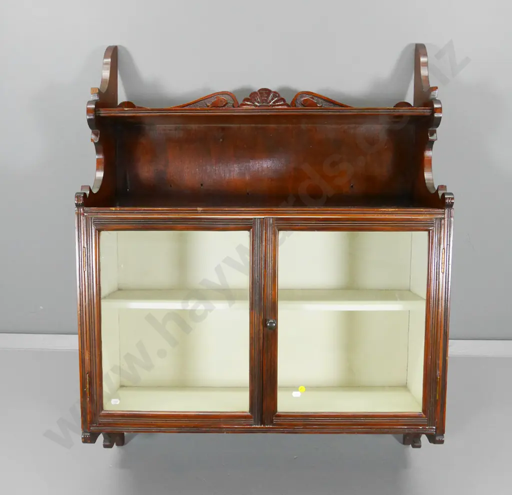 vintage dark stained rimu wall cabinet w/ 2 glazed doors and carved back rail, internal shelf. H1080 W810 D290 Image 1++