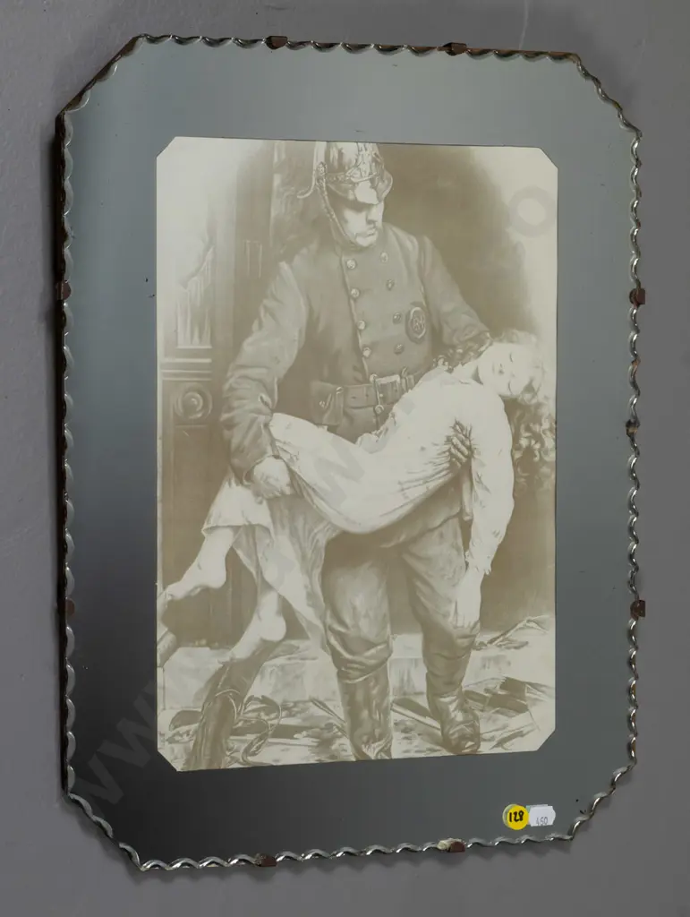 retro scalloped edge picture mirror - fireman and child H-460 W-360 Image 1++