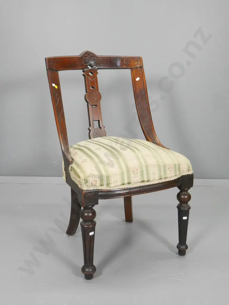 Victorian mahogany carved splat back dining chair - fading to damask fabric, a bit loose in joints H870 W480 D520 Image 1++