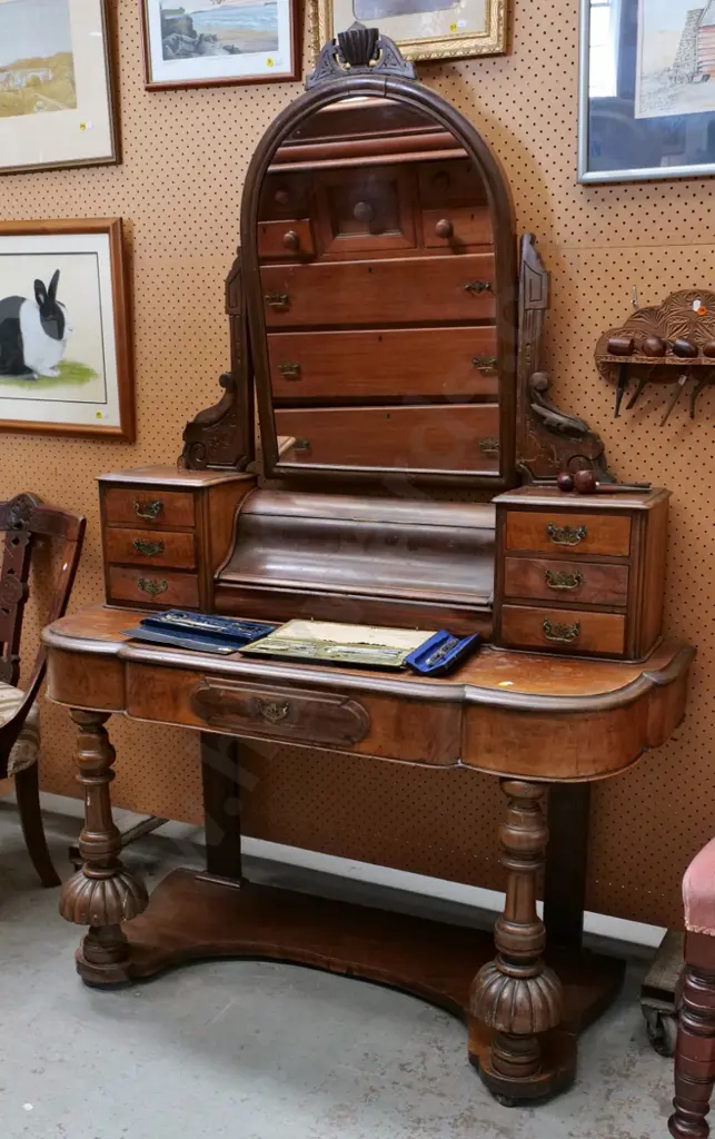 restorer's Victorian walnut & burr veneer dressing table missing trim piece & handles, split to base,  H1640 W1200 D450 Image 1++