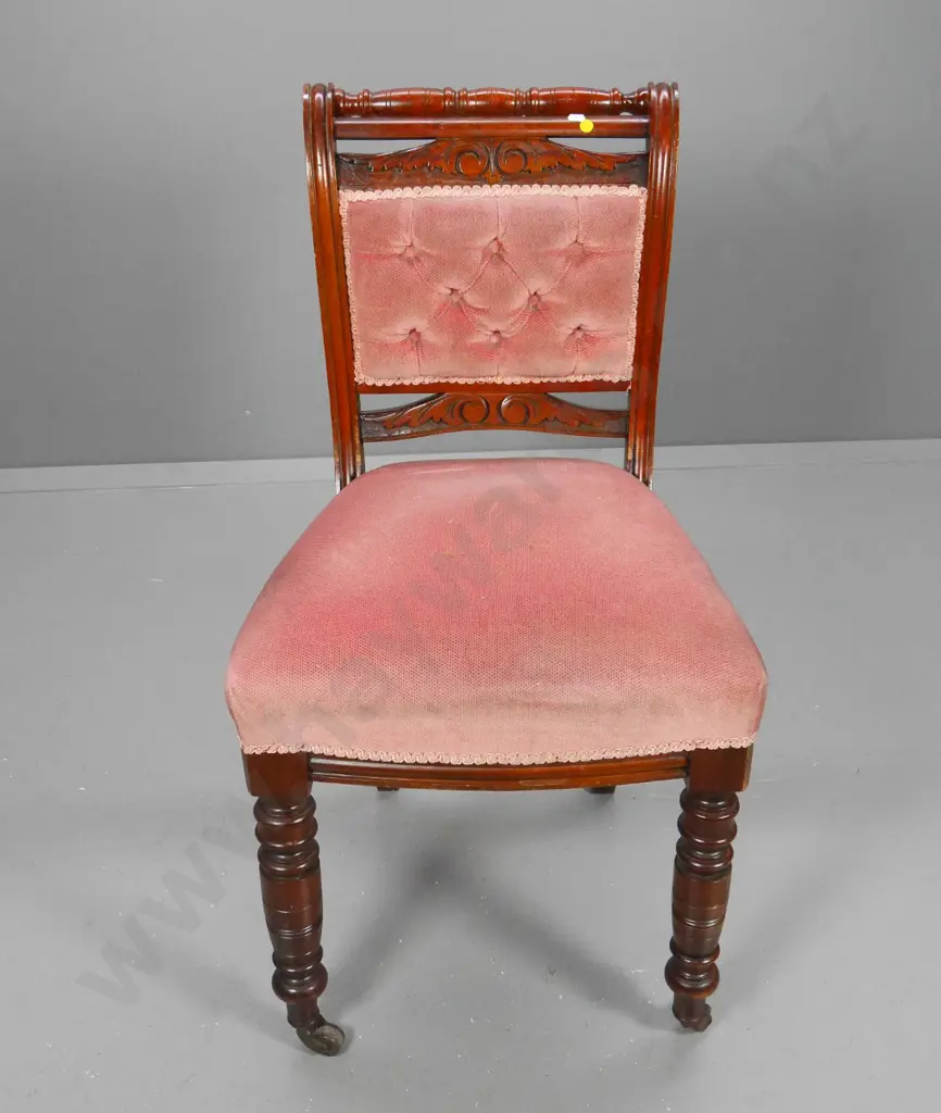 vintage mahogany frame dining chair w/ deep button carved back, pink velvet, porcelain casters H910 W480 D460 Image 1++