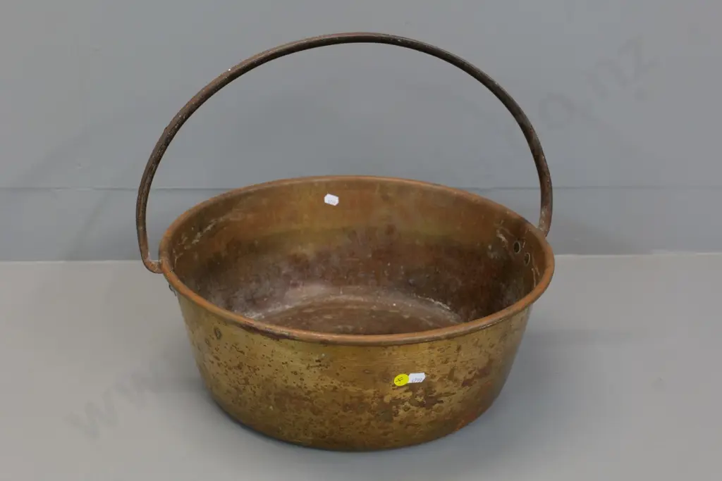 vintage large brass jam pan with surface corrosion to handle H-370 W-450 Image 1++