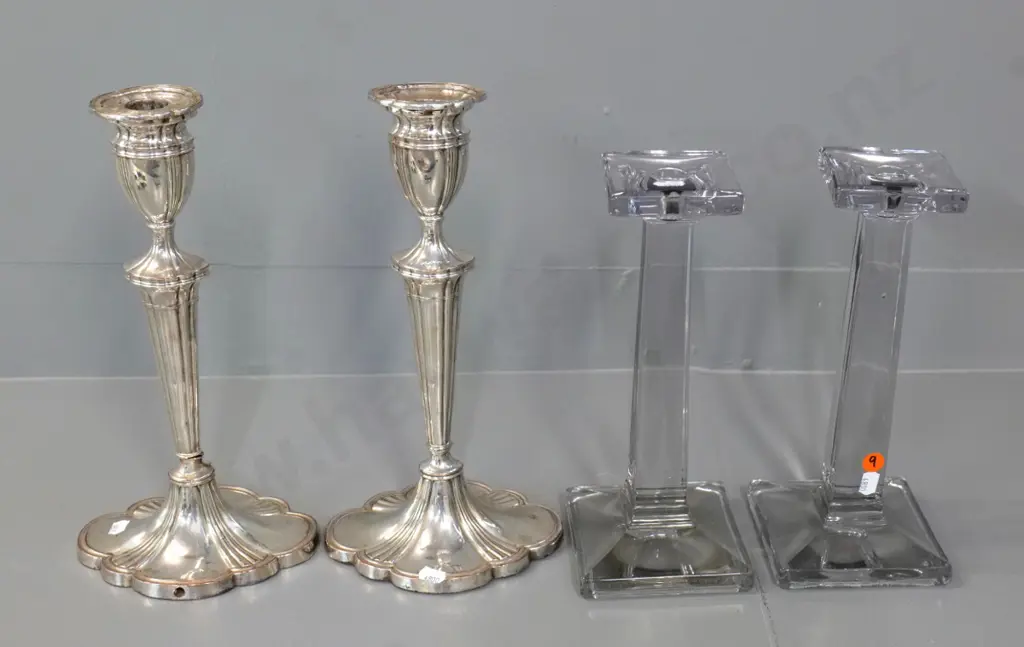 2 pairs candlesticks - light smoked glass & plated - one plated has damage to stem H-310 Image 1++
