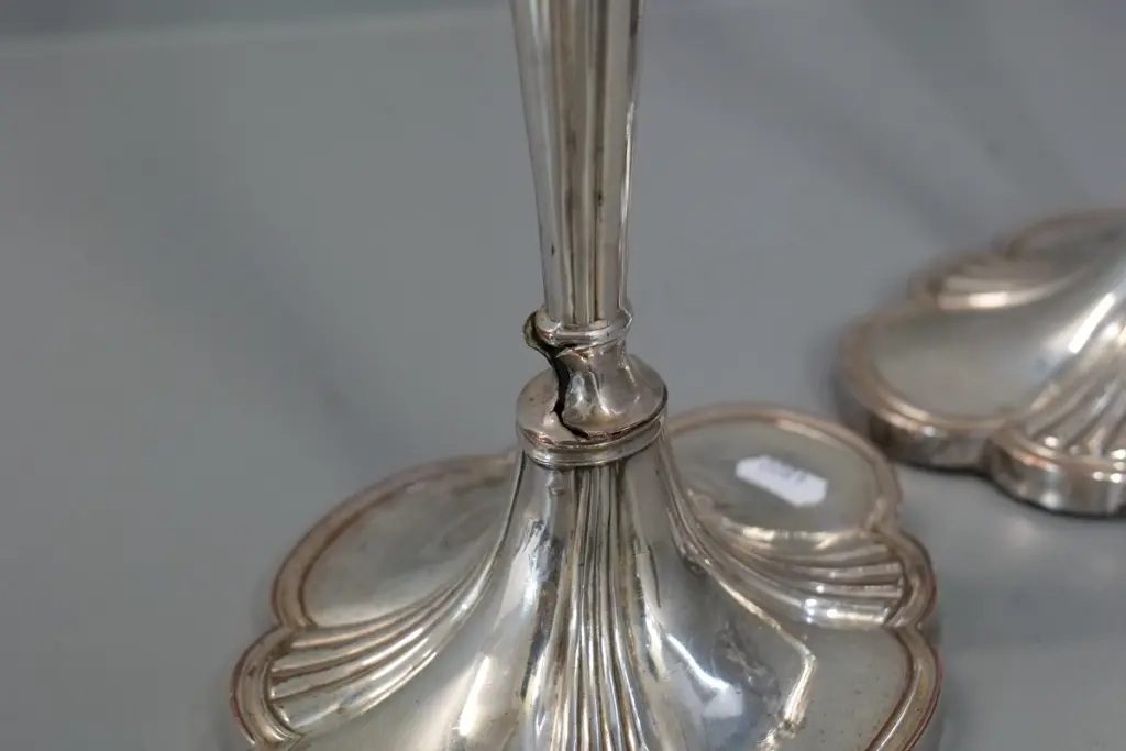 2 pairs candlesticks - light smoked glass & plated - one plated has damage to stem H-310 Image 1++