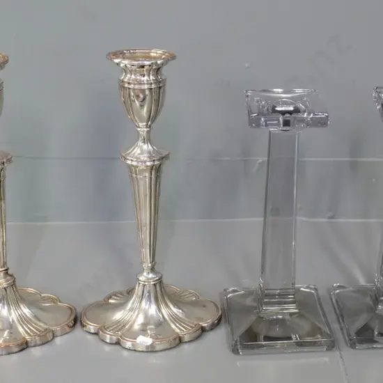 2 pairs candlesticks - light smoked glass & plated - one plated has damage to stem H-310