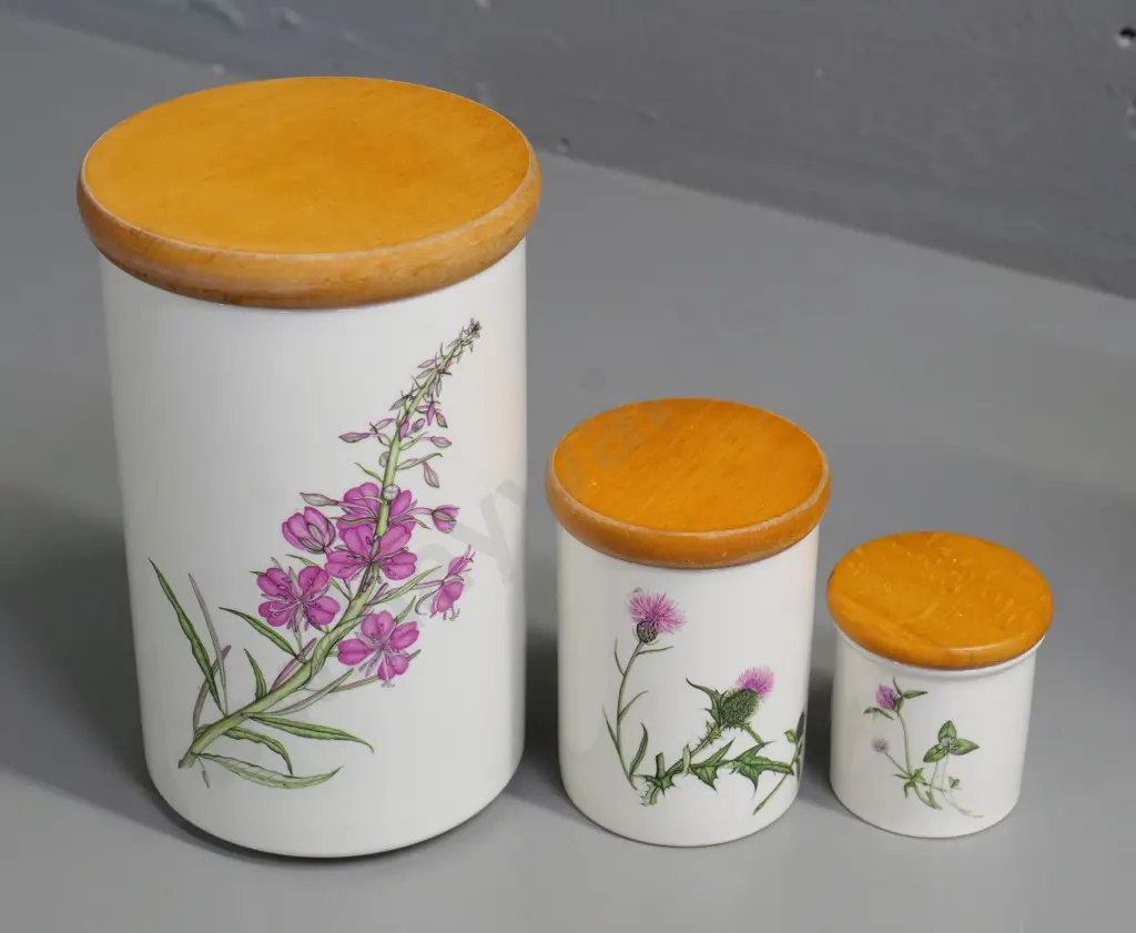 3 Portmeirion 'Queen's Hidden Garden' pattern storage canisters - slight wear to wooden tops - largest is H-220 Image 1++