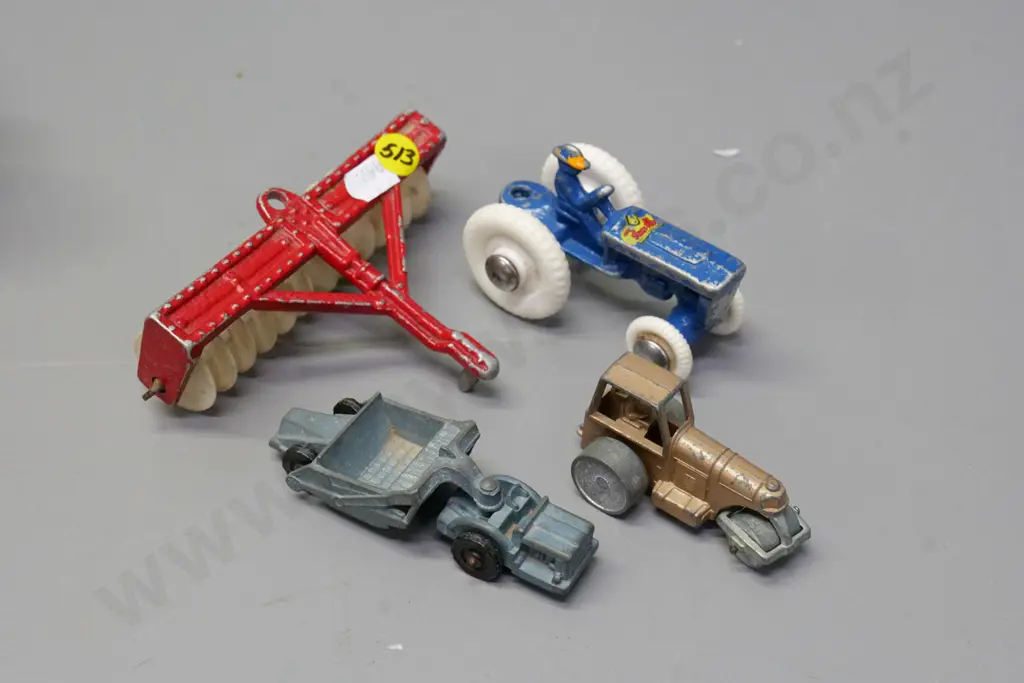 small Fun Ho farm tractor, non-matched larger trailer of discs, and 2 small Fun Ho road work vehicles Image 1++