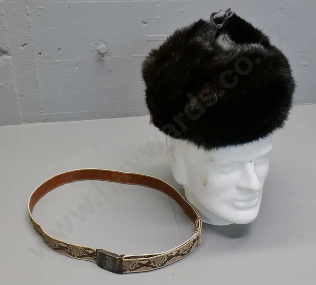 Russian fur hat and a snakeskin belt with monogram etched silver plated buckle Image 1++