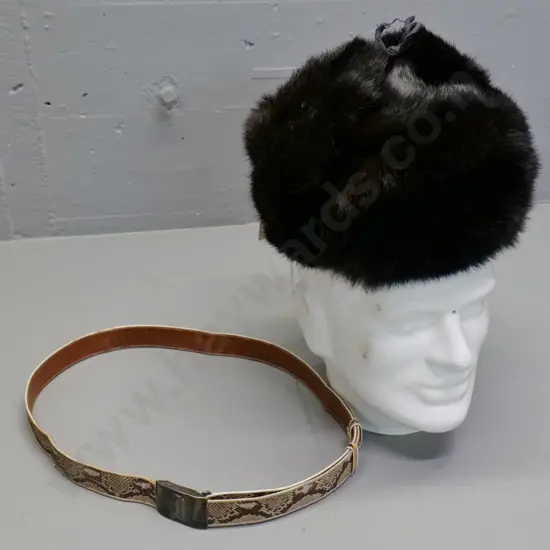 Russian fur hat and a snakeskin belt with monogram etched silver plated buckle