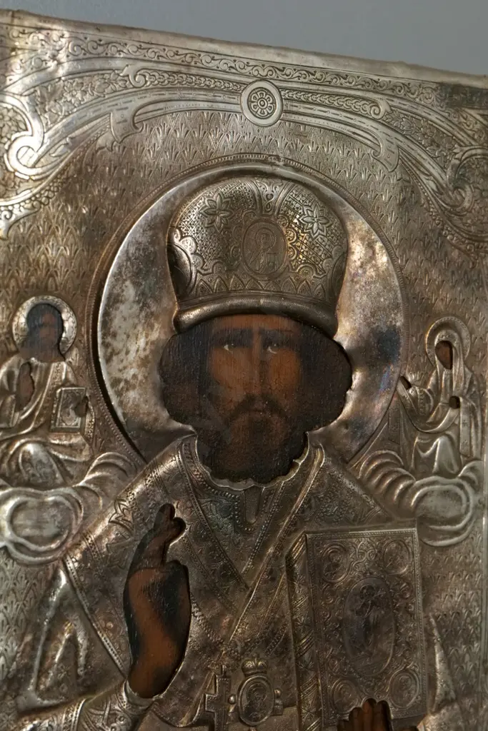 European orthodox religious icon with embossed metal oklad covering - some age wear H-260 W-220 Image 1++