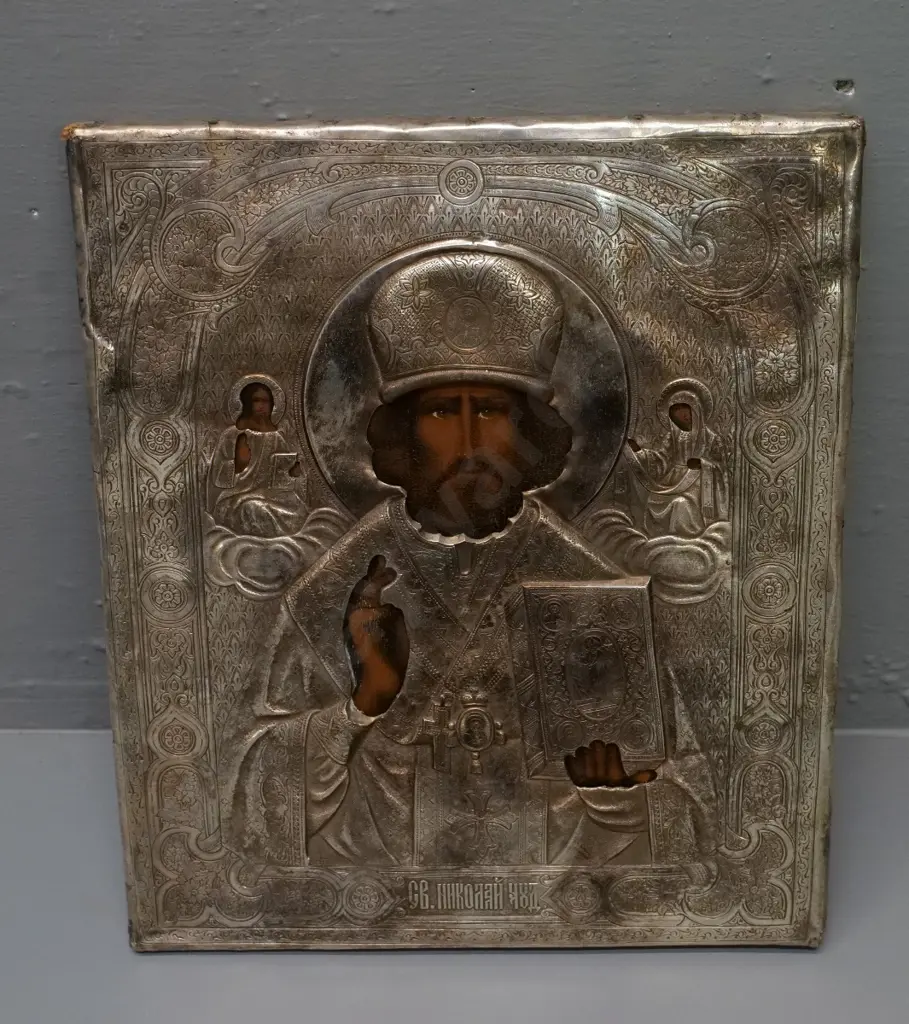 European orthodox religious icon with embossed metal oklad covering - some age wear H-260 W-220 Image 1++