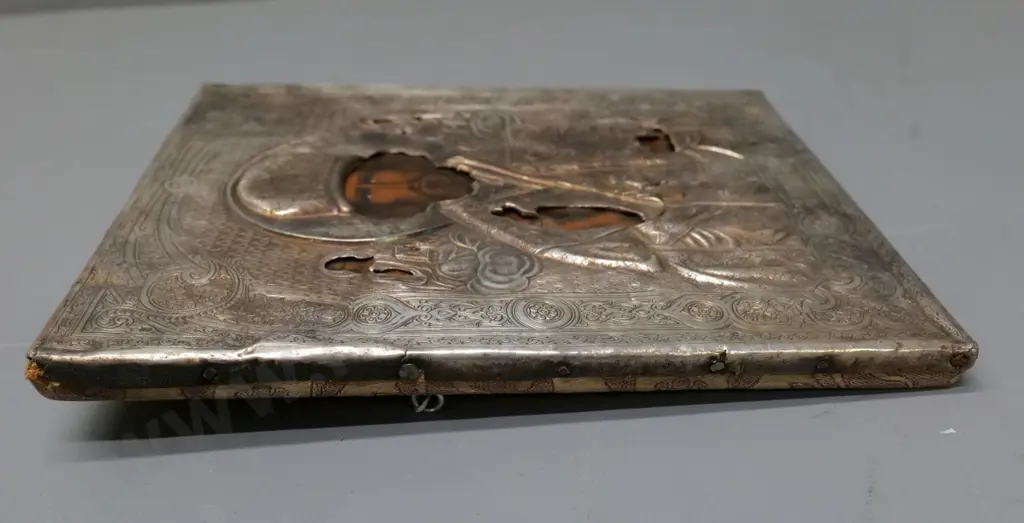 European orthodox religious icon with embossed metal oklad covering - some age wear H-260 W-220 Image 1++