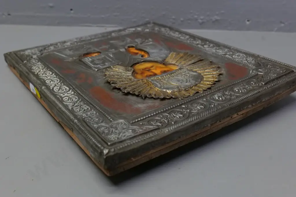 European orthodox religious icon with embossed metal oklad covering - some wear to gilding and paint H-310 W-260 Image 1++