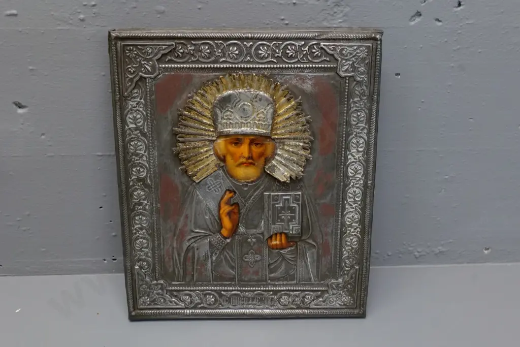 European orthodox religious icon with embossed metal oklad covering - some wear to gilding and paint H-310 W-260 Image 1++