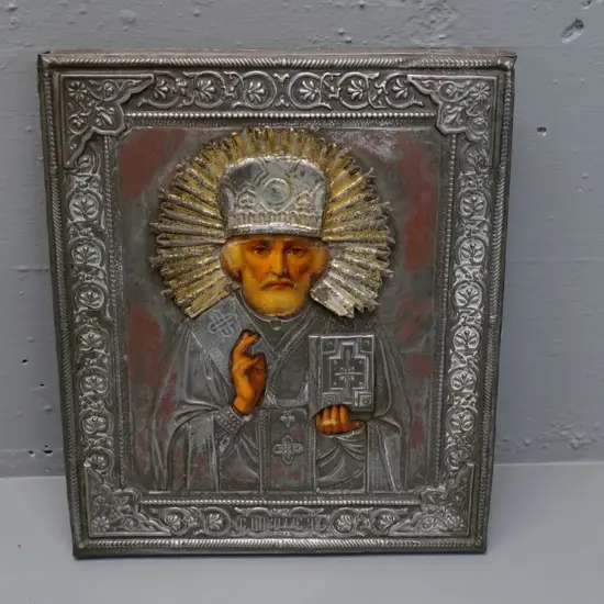 European orthodox religious icon with embossed metal oklad covering - some wear to gilding and paint H-310 W-260