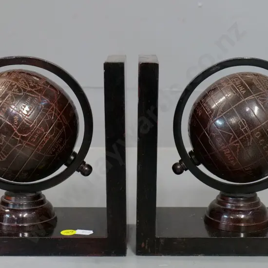 pair of wood, metal & composite world globe motif book-ends H-170 W-170