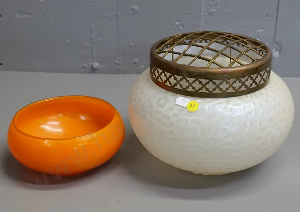 frosted glass bubble effect rose bowl with brass holder H-180 D-240 and a small orange glass bowl Image 1++