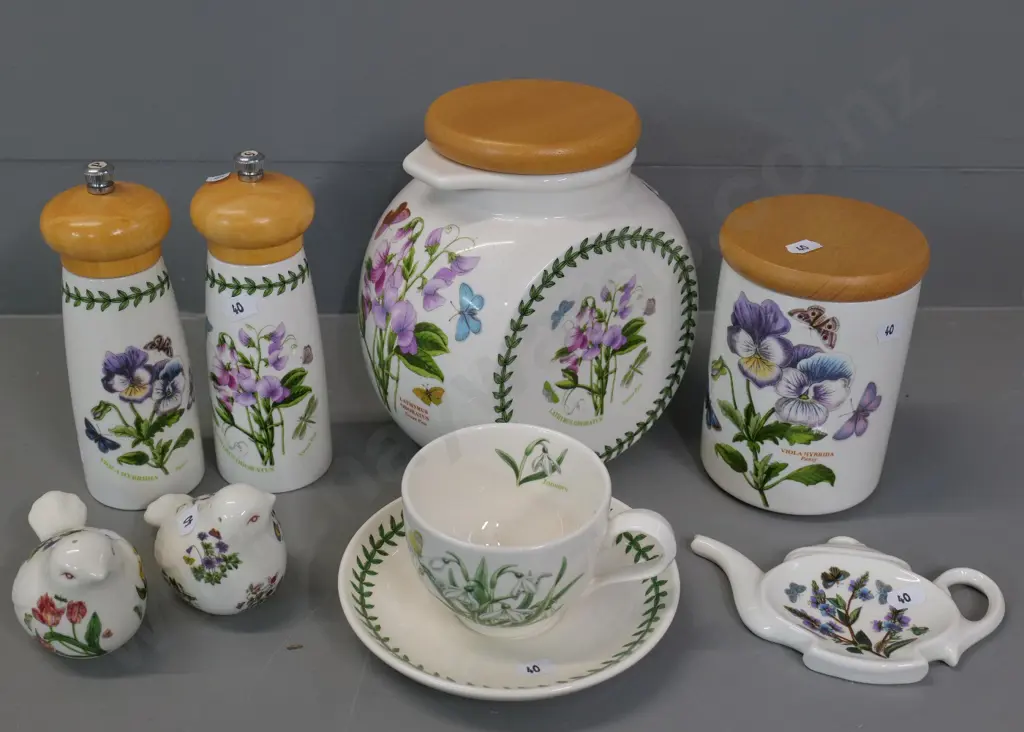 Portmeirion Botanic Garden items - cookie jar H-190, storage jar, salt & pepper grinders, bird shape salt & pepper etc. Image 1++