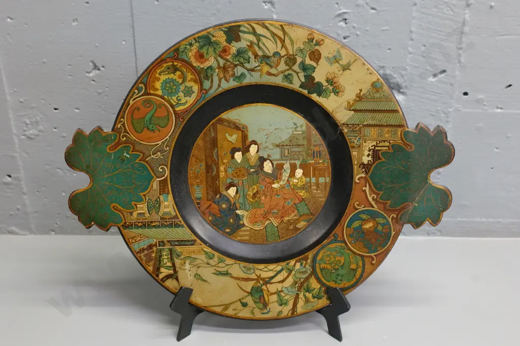 vintage hand-painted Chinese papier mache display plate/plaque - some repairs, chips to back H-270 W-340 Image 1++