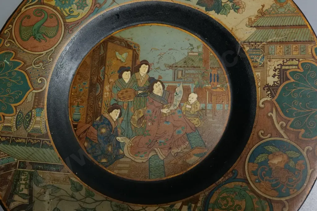 vintage hand-painted Chinese papier mache display plate/plaque - some repairs, chips to back H-270 W-340 Image 1++