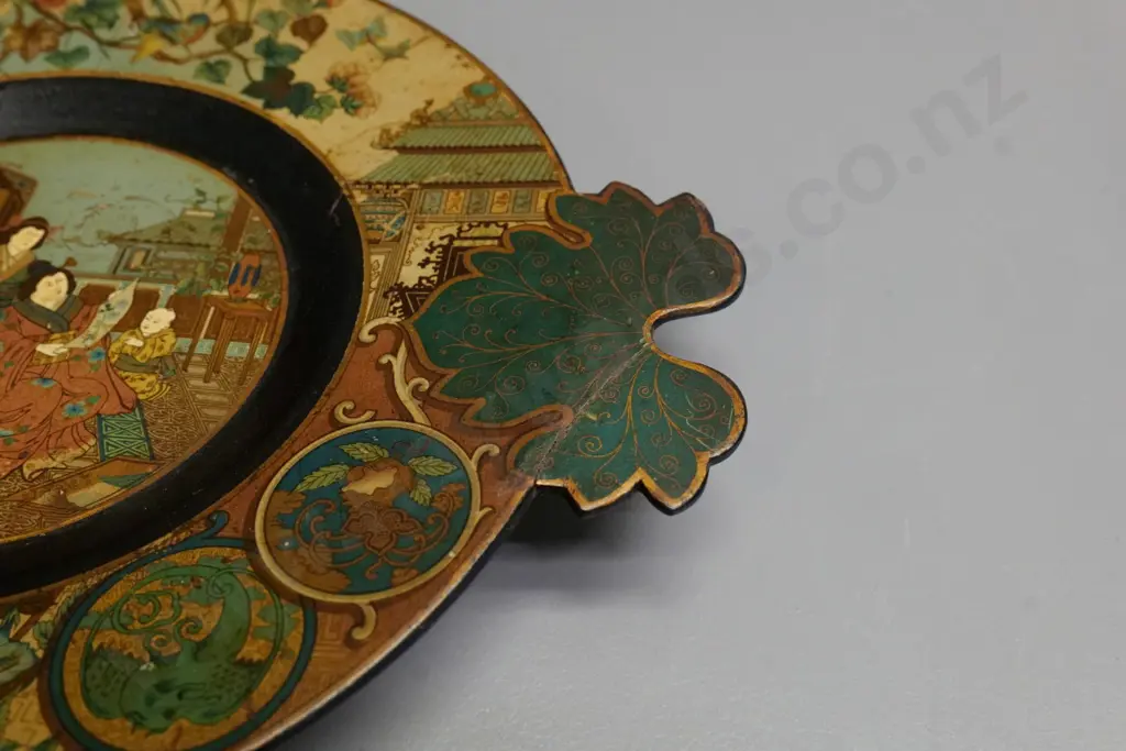 vintage hand-painted Chinese papier mache display plate/plaque - some repairs, chips to back H-270 W-340 Image 1++