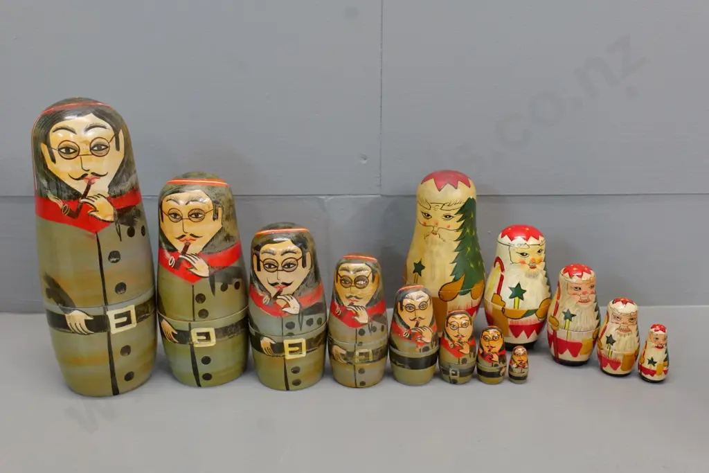2 sets of hand painted wooden Babushka nesting dolls 8 'portrait' style and 5 Santa Claus - largest is H-210 Image 1++