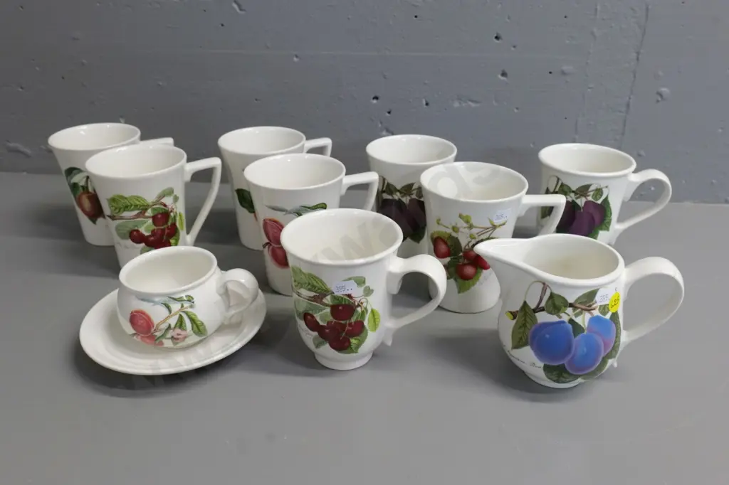 Portmeirion Pomona items - set of 6 coffee mugs, cup & saucer, 2 other mugs & a jug with crack to handle Image 1++