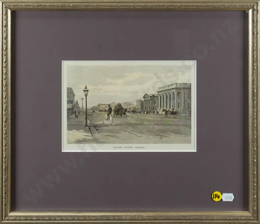 framed hand coloured engraving "Thames Street, Oamaru" H-110 W-180 Image 1++