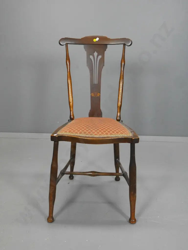 vintage mahogany bedroom chair with fretted & marquetry back splat, velvet seat, some loose joints H860 W400 D400 Image 1++